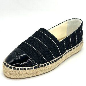 CHANEL 15S 2015 Classic Tweed Patent Cap Toe CC Logo Espadrilles Flats Shoes